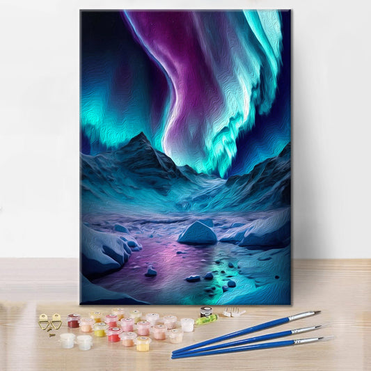 Szczegóły zestawu Niebieska Aurora Borealis - Malowanie po numerach - wysokiej jakości płótno i farby akrylowe