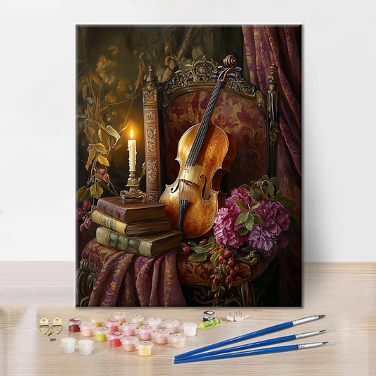 Szczegóły zestawu Violin and Book - Malowanie po numerach - wysokiej jakości płótno i farby akrylowe