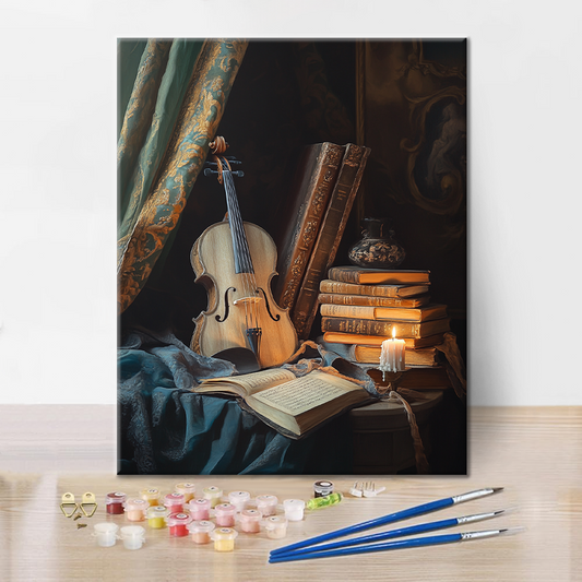 Szczegóły zestawu Book and Violin - Malowanie po numerach - wysokiej jakości płótno i farby akrylowe