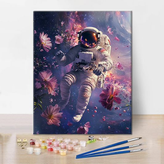 Szczegóły zestawu Space Spacer w onirycznej przestrzeni - Malowanie po numerach - wysokiej jakości płótno i farby akrylowe