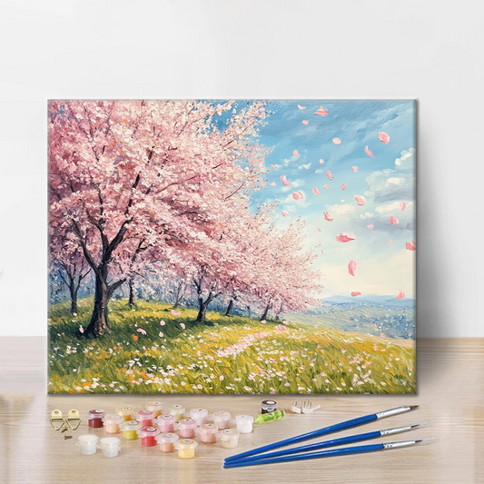 Szczegóły zestawu Cherry Blossom Fields - Malowanie po numerach - wysokiej jakości płótno i farby akrylowe