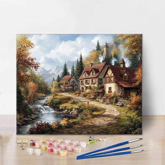 Szczegóły zestawu Idyllic Village - Malowanie po numerach Liczby - wysokiej jakości płótno i farby akrylowe