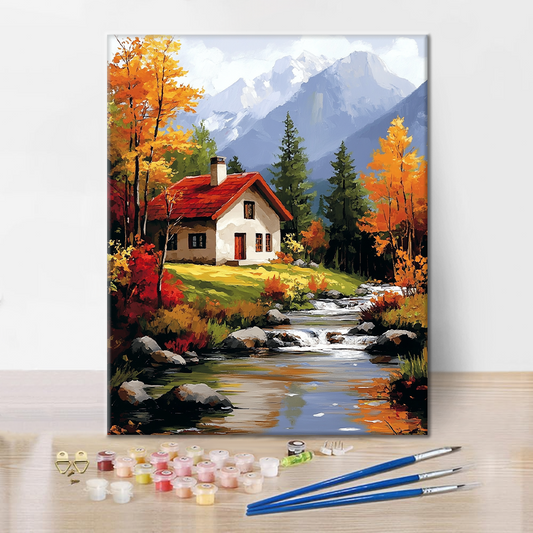 Szczegóły zestawu Rural Tranquility with Autumn Hues - Malowanie po numerach - wysokiej jakości płótno i farby akrylowe