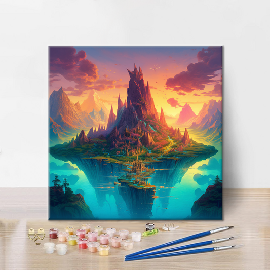 Szczegóły zestawu Fantasy Mountain Range - Malowanie po numerach - wysokiej jakości płótno i farby akrylowe