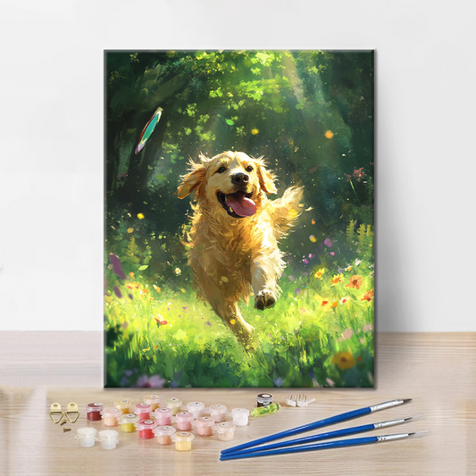 Szczegóły zestawu Golden Retriever - Malowanie po numerach - wysokiej jakości płótno i farby akrylowe