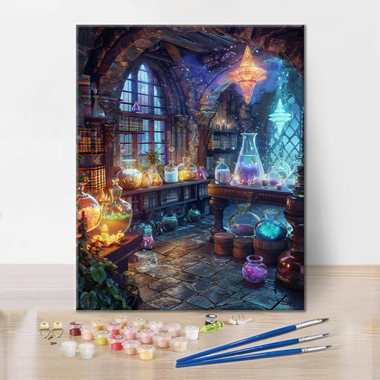Szczegóły zestawu Magiczne laboratorium - Malowanie po numerach - wysokiej jakości płótno i farby akrylowe