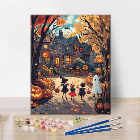 Szczegóły zestawu Halloweenowa Przyjemność - Malowanie po numerach - wysokiej jakości płótno i farby akrylowe