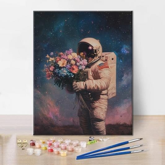 Szczegóły zestawu Kwitnący wszechświat astronauty - Malowanie po numerach - wysokiej jakości płótno i farby akrylowe