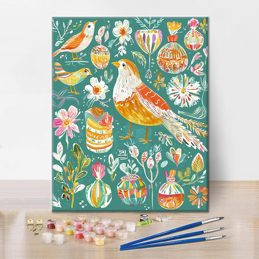 Szczegóły zestawu Radosny Ptak - Malowanie po Numerach - wysokiej jakości płótno i farby akrylowe