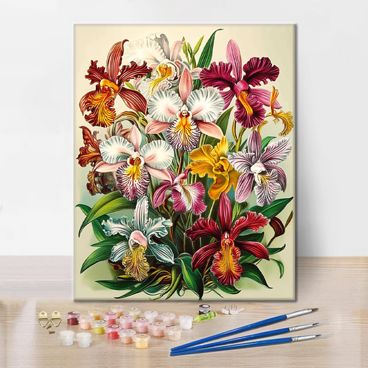 Szczegóły zestawu Królewskie Orchidee - Malowanie po Numerach - wysokiej jakości płótno i farby akrylowe