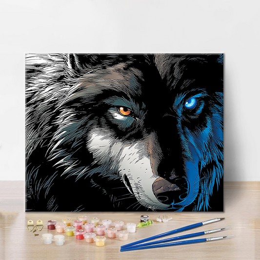 Szczegóły zestawu Wolf King - Malowanie po numerach - wysokiej jakości płótno i farby akrylowe