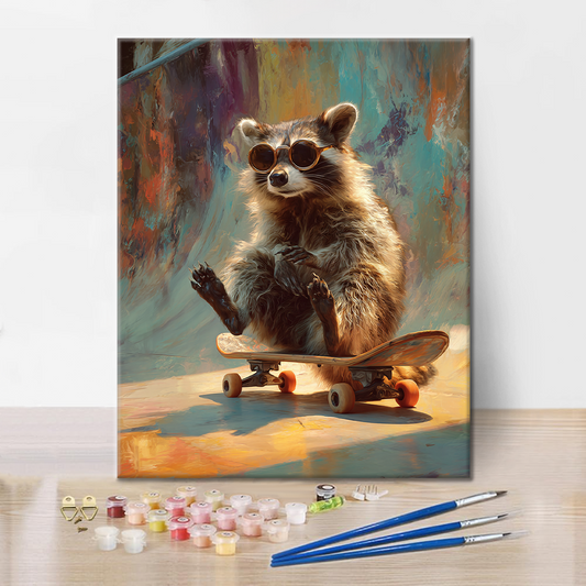 Szczegóły zestawu Raccoon Skateboard - Malowanie po numerach - wysokiej jakości płótno i farby akrylowe