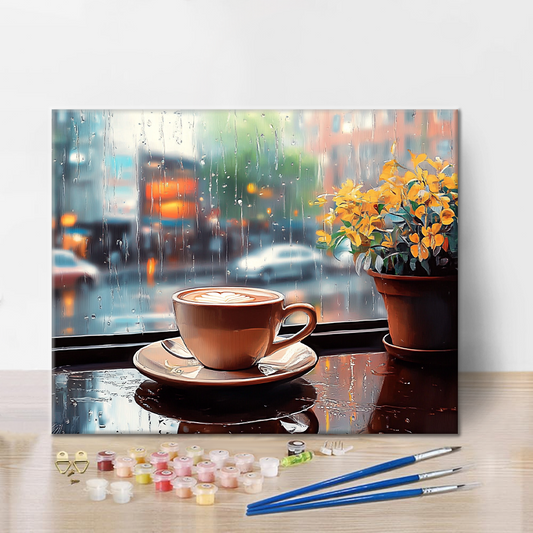 Szczegóły zestawu Rainy Coffee - Malowanie po numerach - wysokiej jakości płótno i farby akrylowe