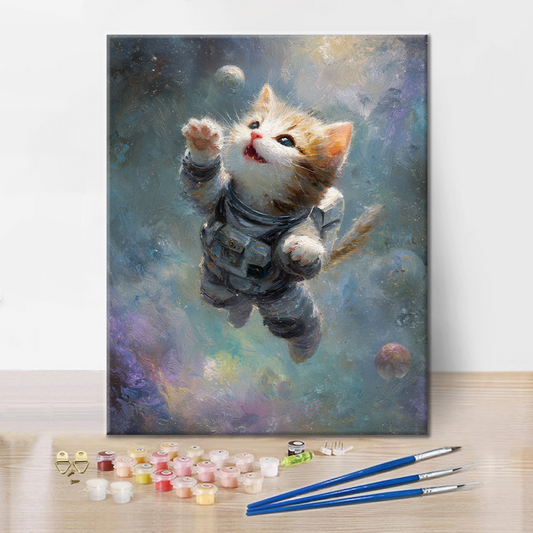 Szczegóły zestawu Space Kitty - Malowanie po numerach - wysokiej jakości płótno i farby akrylowe