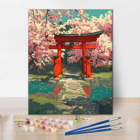 Szczegóły zestawu Cherry Blossom Torii - Malowanie po numerach - wysokiej jakości płótno i farby akrylowe