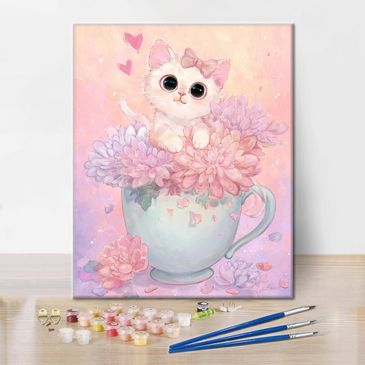 Szczegóły zestawu Tea Time Kitten - Malowanie po numerach - wysokiej jakości płótno i farby akrylowe