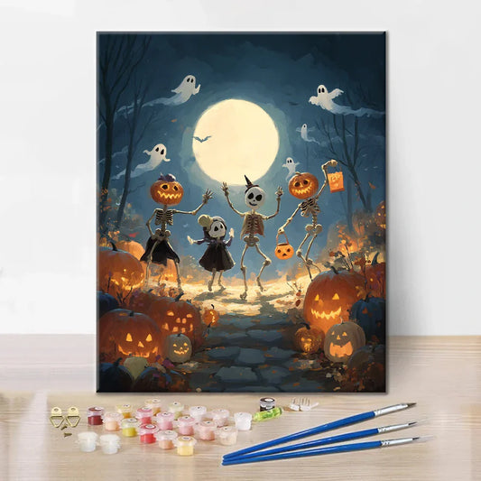 Szczegóły zestawu Bal Halloweenowy – Malowanie po numerach - wysokiej jakości płótno i farby akrylowe