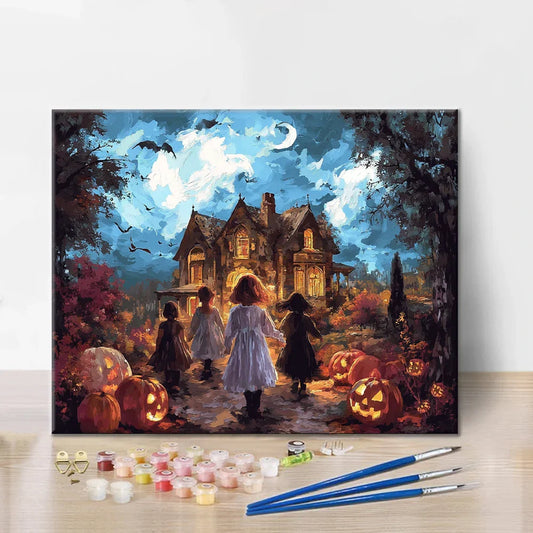 Szczegóły zestawu Noc Halloween – Malowanie po numerach - wysokiej jakości płótno i farby akrylowe