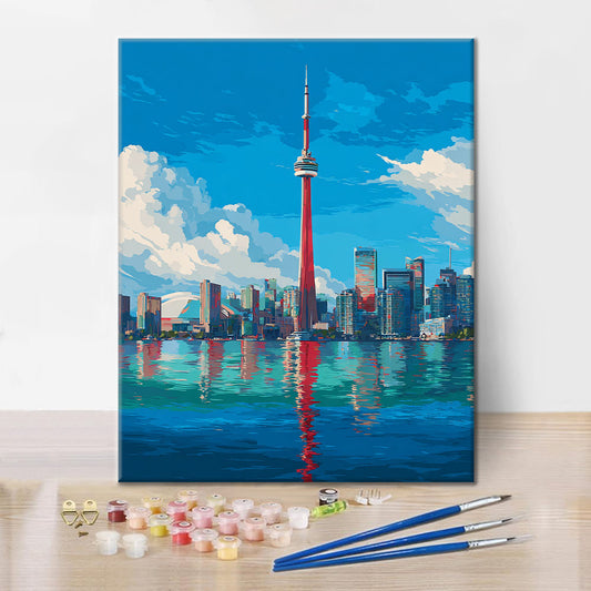 Szczegóły zestawu Panorama Toronto – malowanie po numerach - wysokiej jakości płótno i farby akrylowe