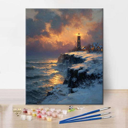 Szczegóły zestawu Golden Beacon – Malowanie po numerach - wysokiej jakości płótno i farby akrylowe