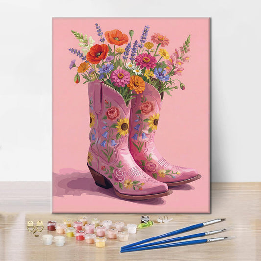 Szczegóły zestawu Boots And Blooms – Malowanie po numerach - wysokiej jakości płótno i farby akrylowe