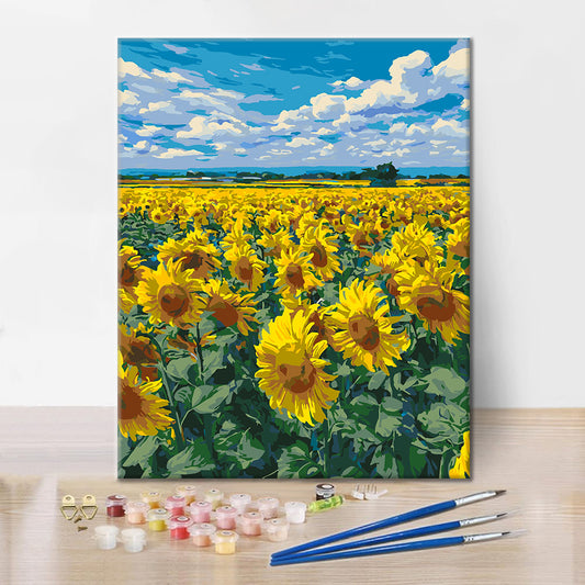 Szczegóły zestawu Pole słoneczników – malowanie po numerach - wysokiej jakości płótno i farby akrylowe