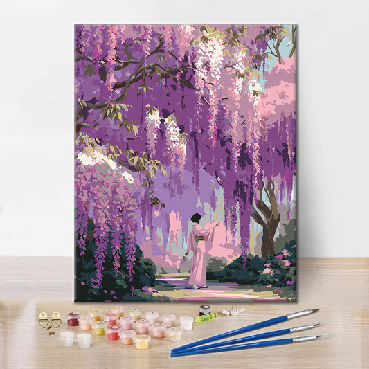 Szczegóły zestawu Ogród Glicynia – Malowanie po numerach - wysokiej jakości płótno i farby akrylowe