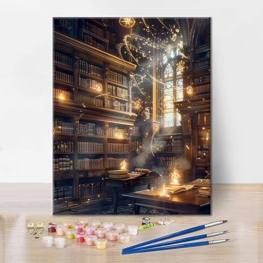 Szczegóły zestawu Magiczna biblioteka - Malowanie po numerach - wysokiej jakości płótno i farby akrylowe