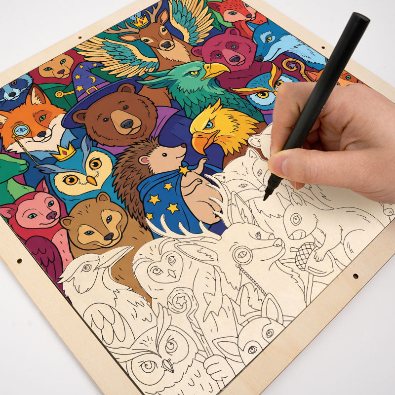 Zaczarowani leśni przyjaciele - Drewniana układanka do kolorowania