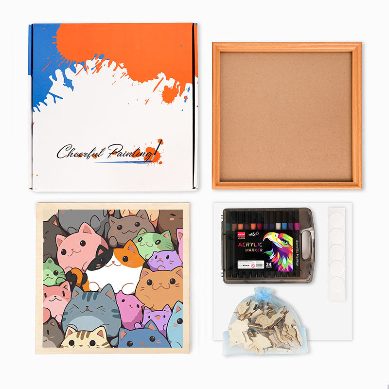 Okrągłe Małe Kocięta - Drewniana układanka do kolorowania