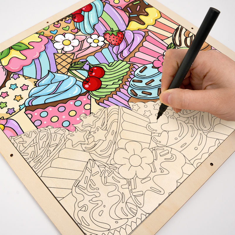 Słodkie babeczki - Drewniana układanka do kolorowania