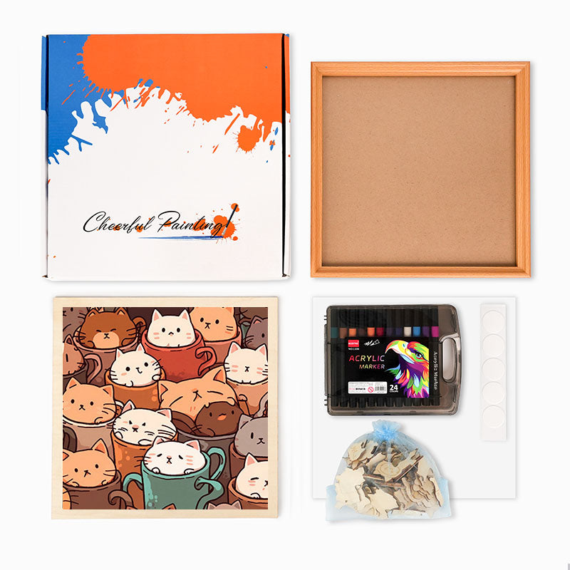 Koty w kubkach – Drewniana układanka do kolorowania