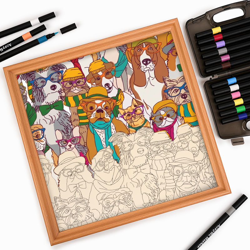 Psy w okularach - Drewniana układanka do kolorowania