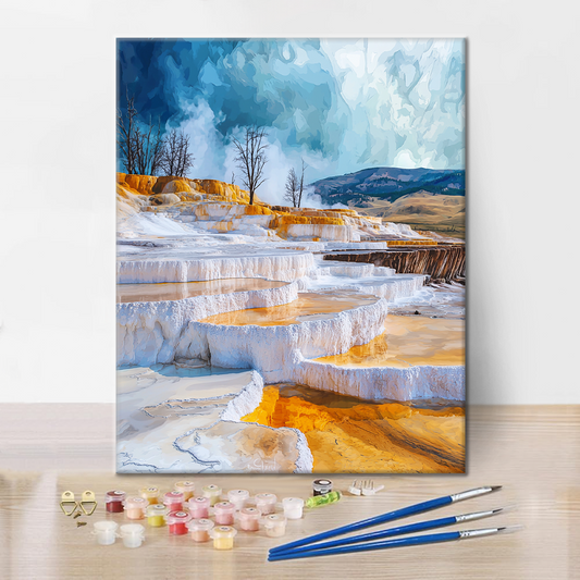 Szczegóły zestawu Mammoth Hot Springs Terraces - Malowanie po numerach - wysokiej jakości płótno i farby akrylowe
