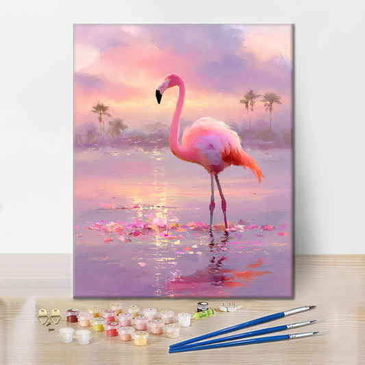 Szczegóły zestawu Zmierzch Flamingo – Malowanie po numerach - wysokiej jakości płótno i farby akrylowe