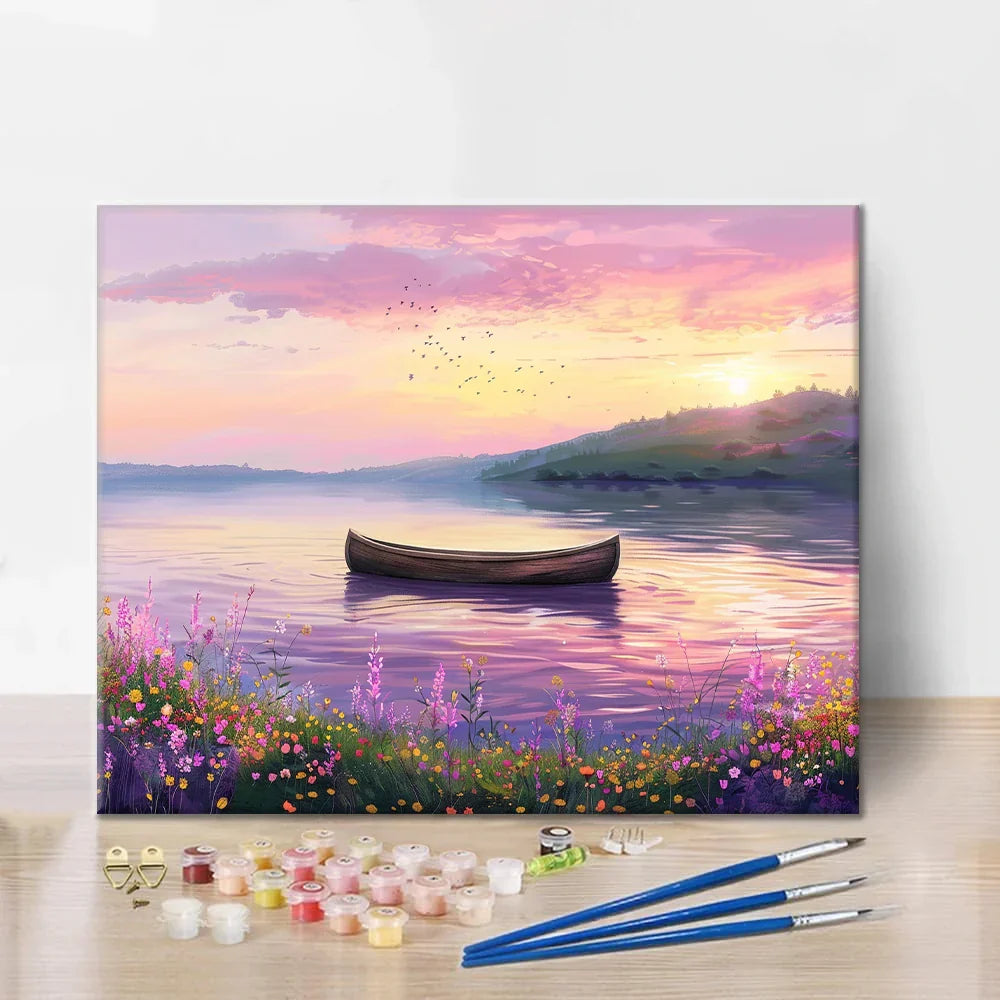 Łódka na spokojnym jeziorze – malowanie po numerach