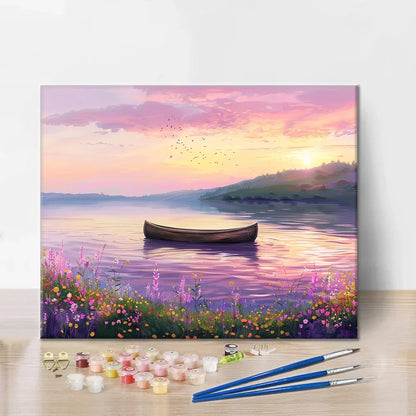 Łódka na spokojnym jeziorze – malowanie po numerach