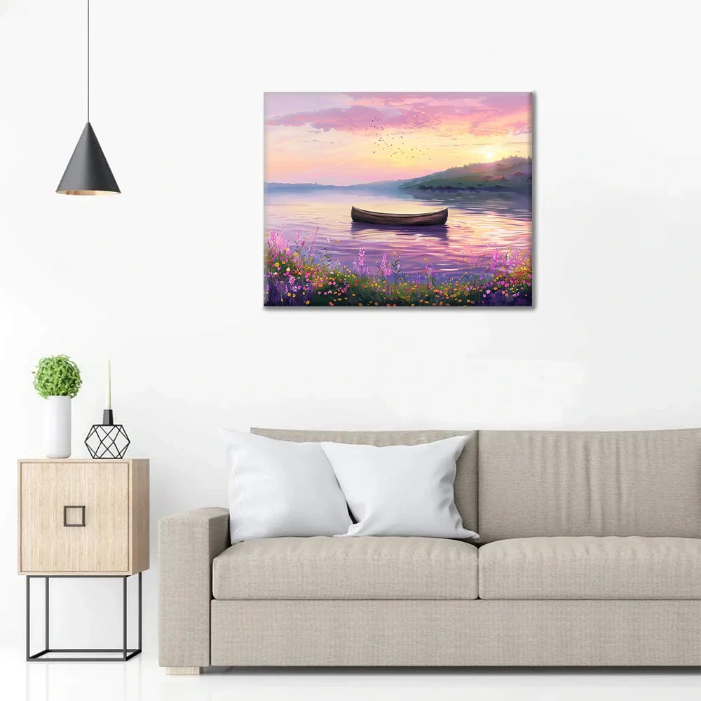 Łódka na spokojnym jeziorze – malowanie po numerach