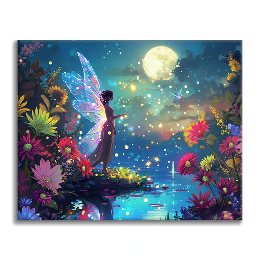 Wróżka nad stawem w blasku księżyca – malowanie po numerach