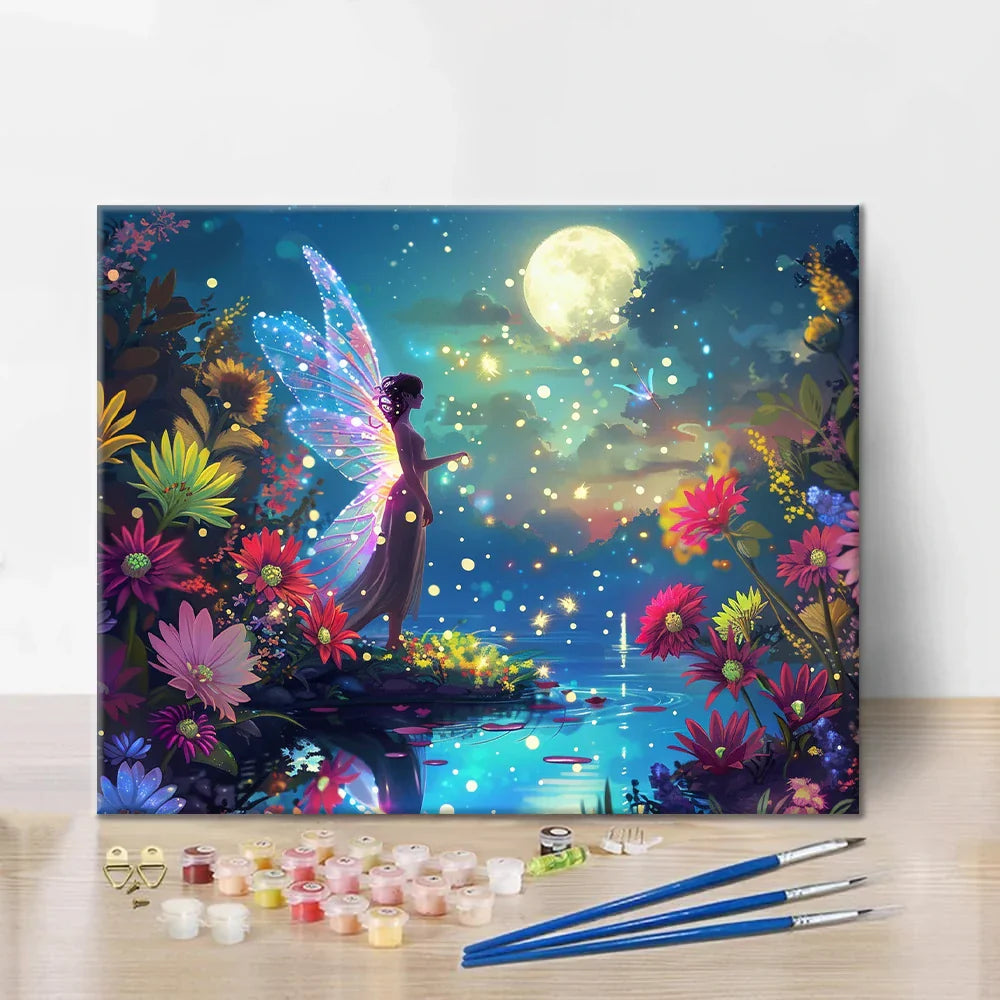 Wróżka nad stawem w blasku księżyca – malowanie po numerach