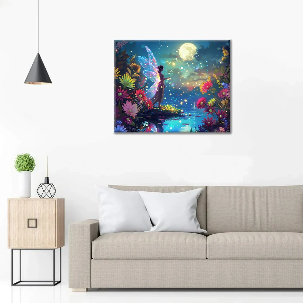 Wróżka nad stawem w blasku księżyca – malowanie po numerach