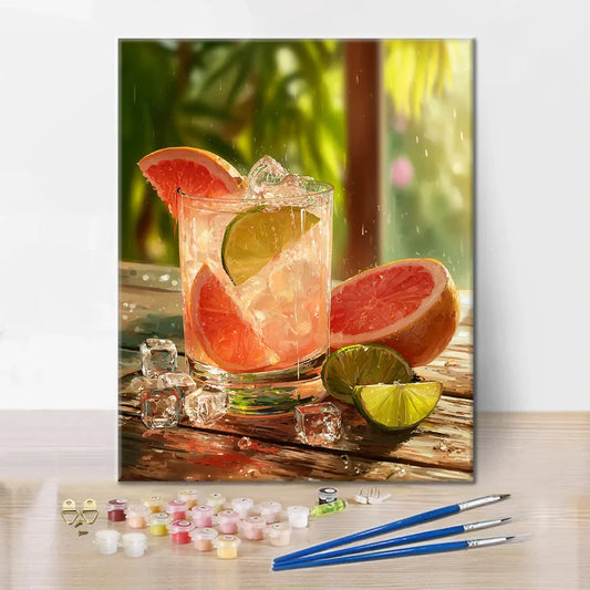 Szczegóły zestawu Grapefruit Fizz – Malowanie po numerach - wysokiej jakości płótno i farby akrylowe