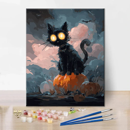 Szczegóły zestawu Halloween Czarny Kot - Malowanie po Numerach - wysokiej jakości płótno i farby akrylowe