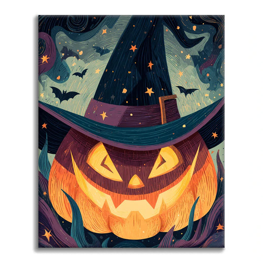 Lampion z dyni w kapeluszu czarodzieja – malowanie po numerach