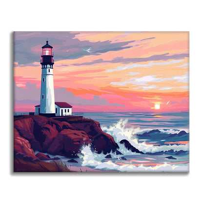 Latarnia morska o zachodzie słońca – malowanie po numerach