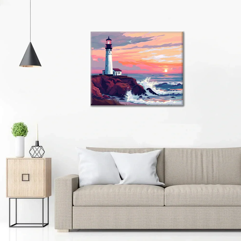 Latarnia morska o zachodzie słońca – malowanie po numerach