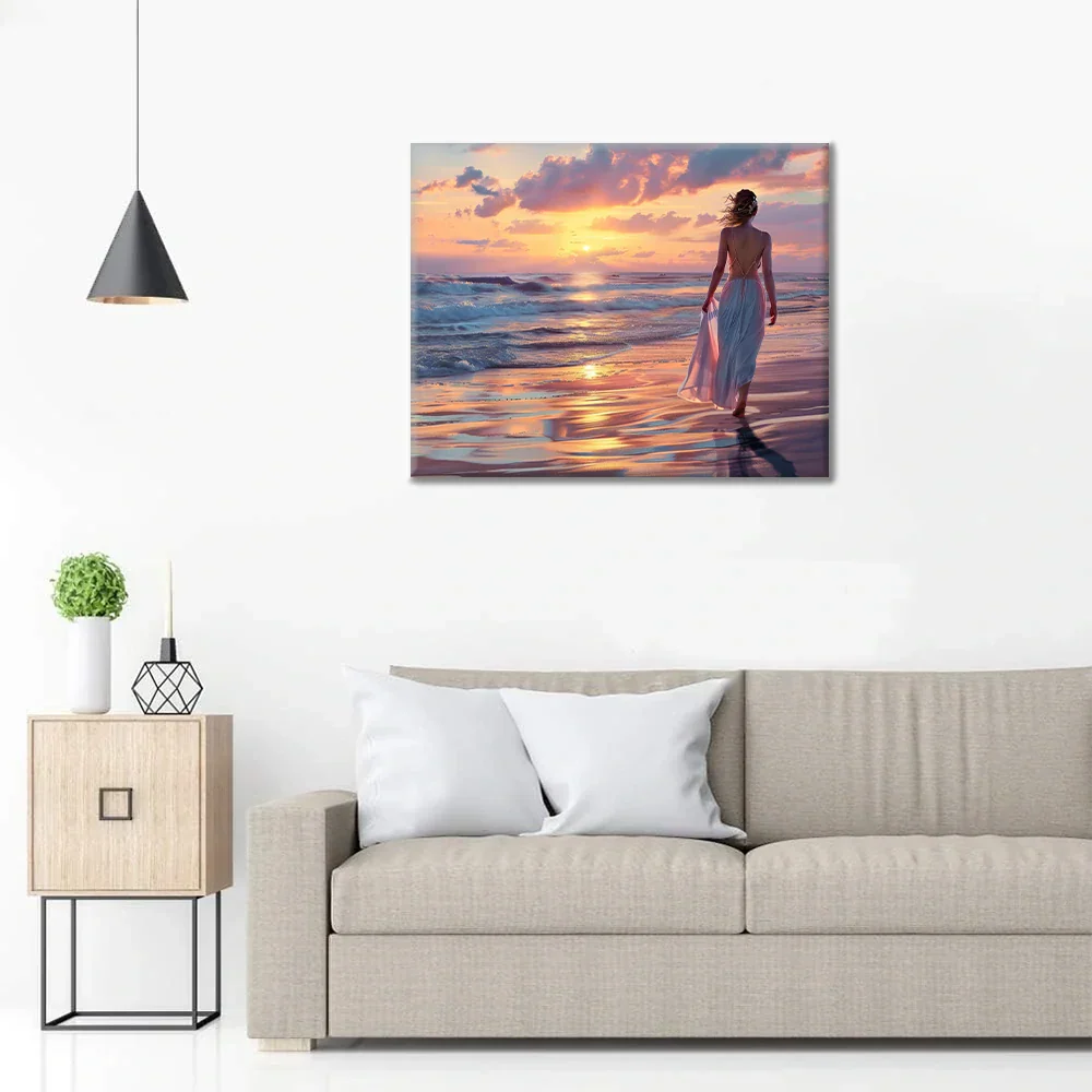 Spacer po plaży o zachodzie słońca – malowanie po numerach