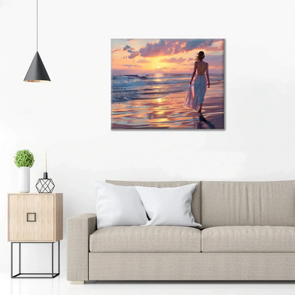 Spacer po plaży o zachodzie słońca – malowanie po numerach