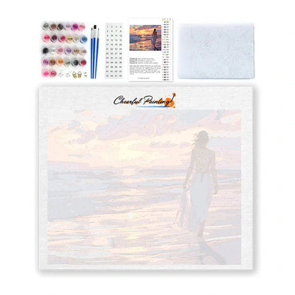 Spacer po plaży o zachodzie słońca – malowanie po numerach