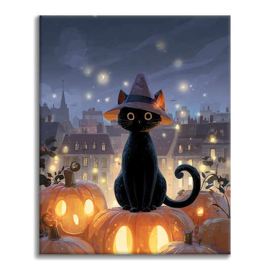 Kot-czarodziej siedzący na dyni – malowanie po numerach